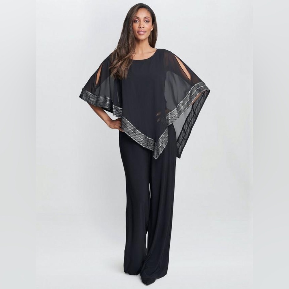 Gina Bacconi
Eve Asymmetrical Foil Trim Cape Jumpsuit, Silver, Black.          D